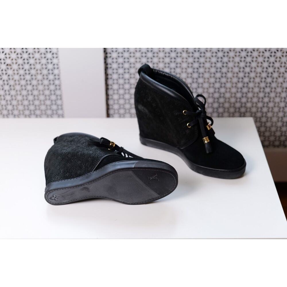 Louis Vuitton Black Suede Leather Wedge Monogram Embossed Booties (IT 40, US 10) - Picture 7 of 9